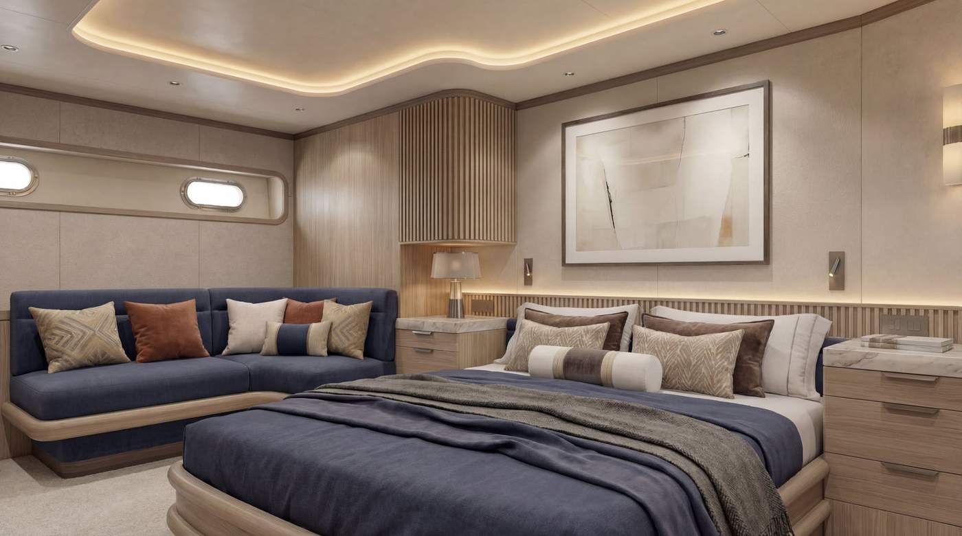 A cabin after the interior refit aboard the MonteYacht charter yacht