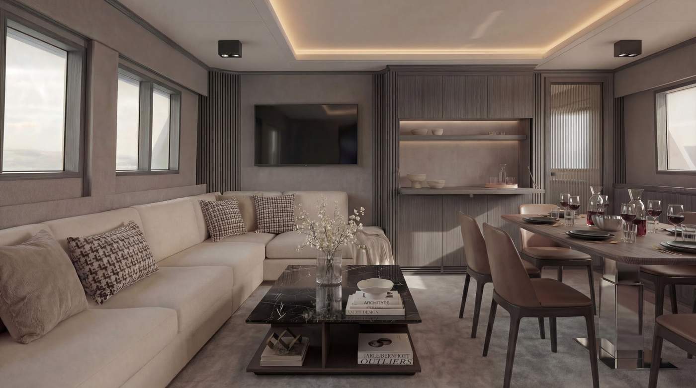 Elegant salon and dining area aboard our yacht — 2026 renovation